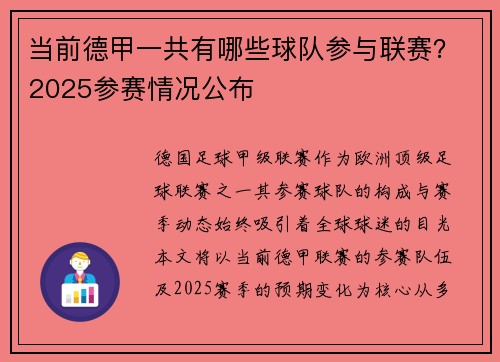 当前德甲一共有哪些球队参与联赛？2025参赛情况公布